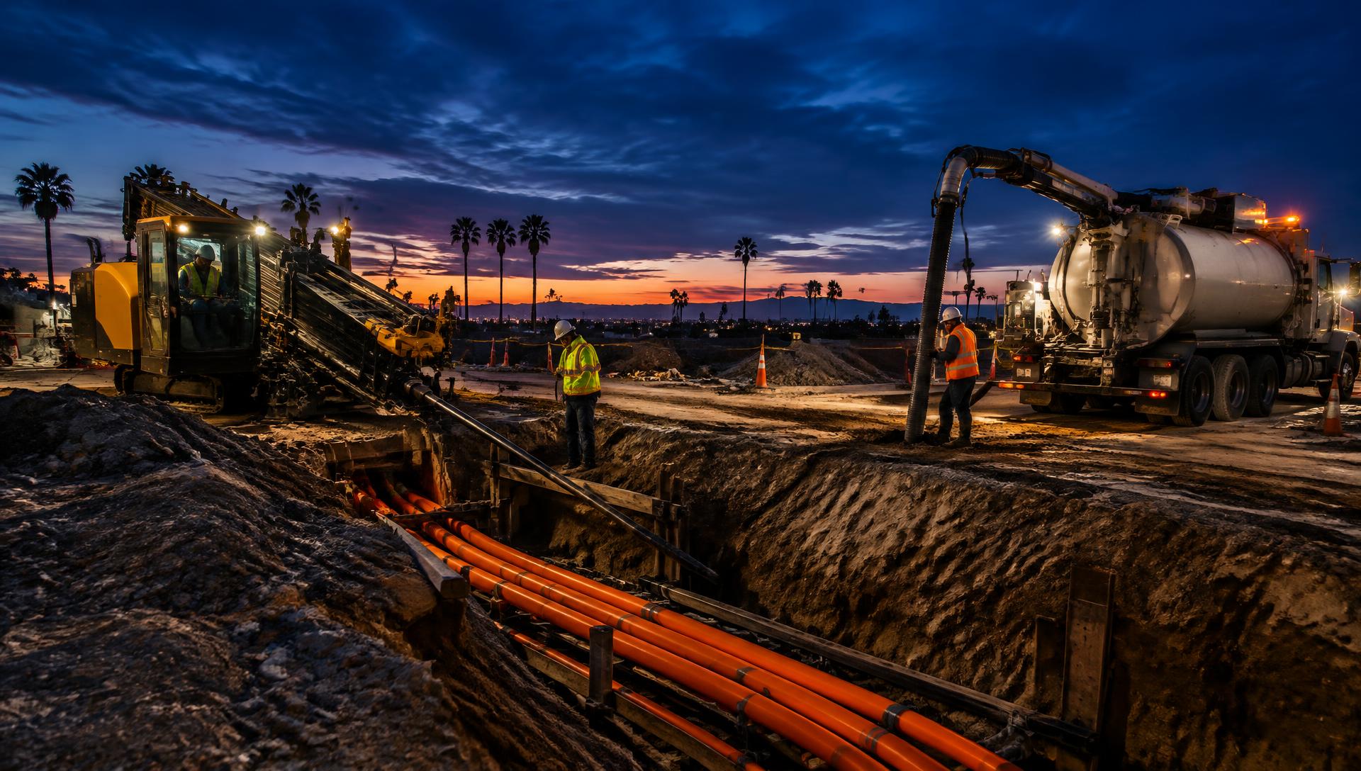 Underground utility construction site with directional drilling rig, open trench with conduit and a hydro excavation truck